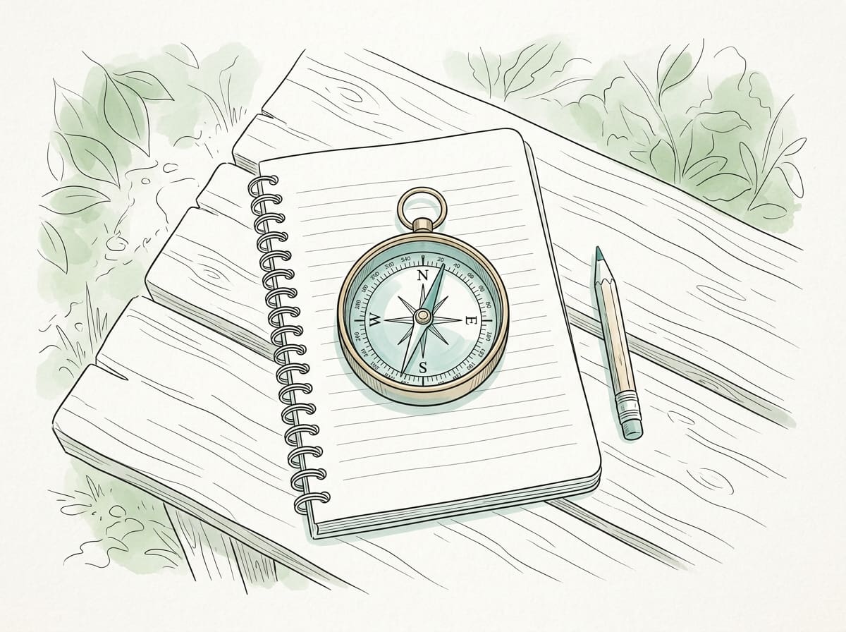 A brass hiking compass resting on an open spiral notebook beside a short pencil on a wooden trail bench, seen from above