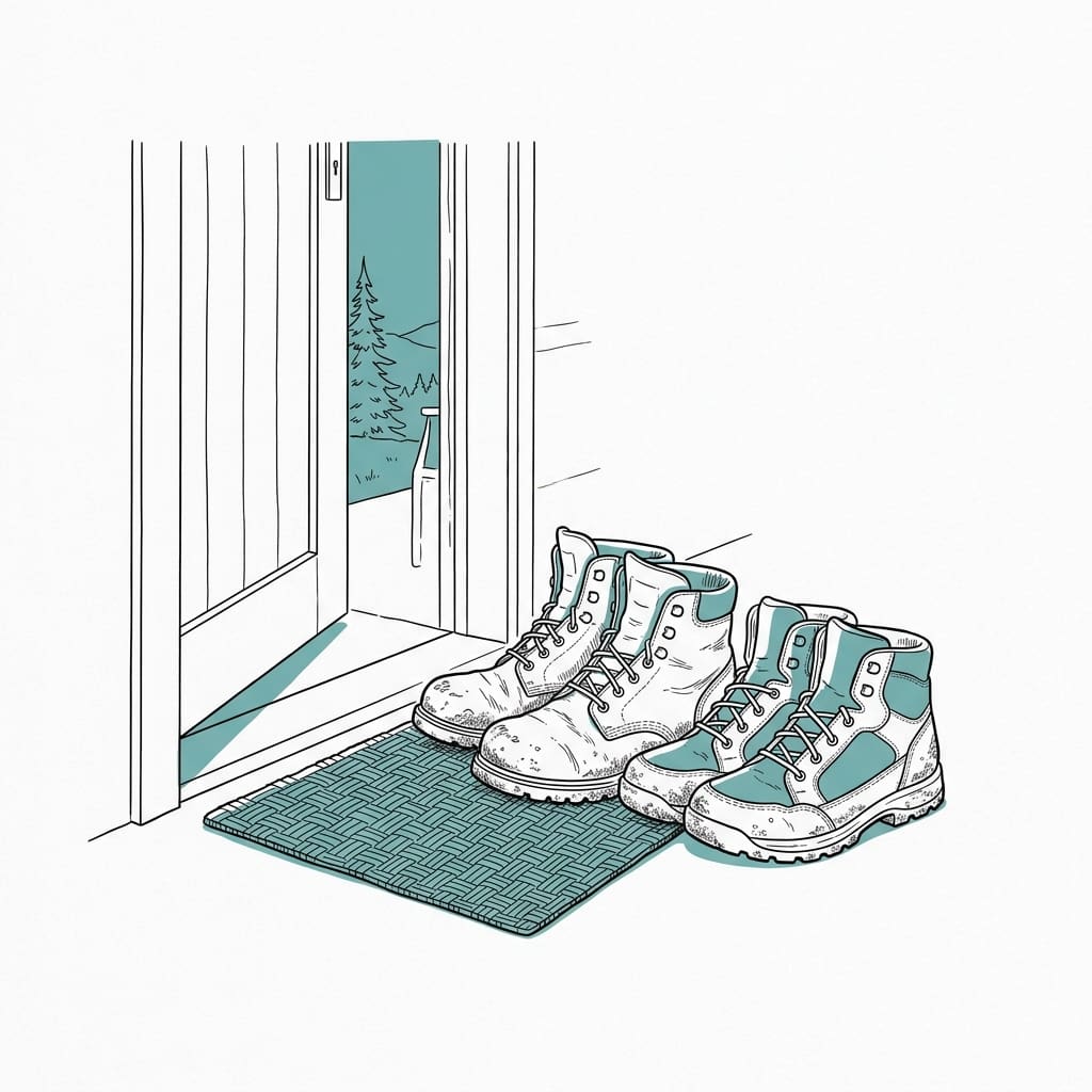 Two pairs of worn hiking boots resting together on a woven doormat by an open cabin door with soft evening light, no peo
