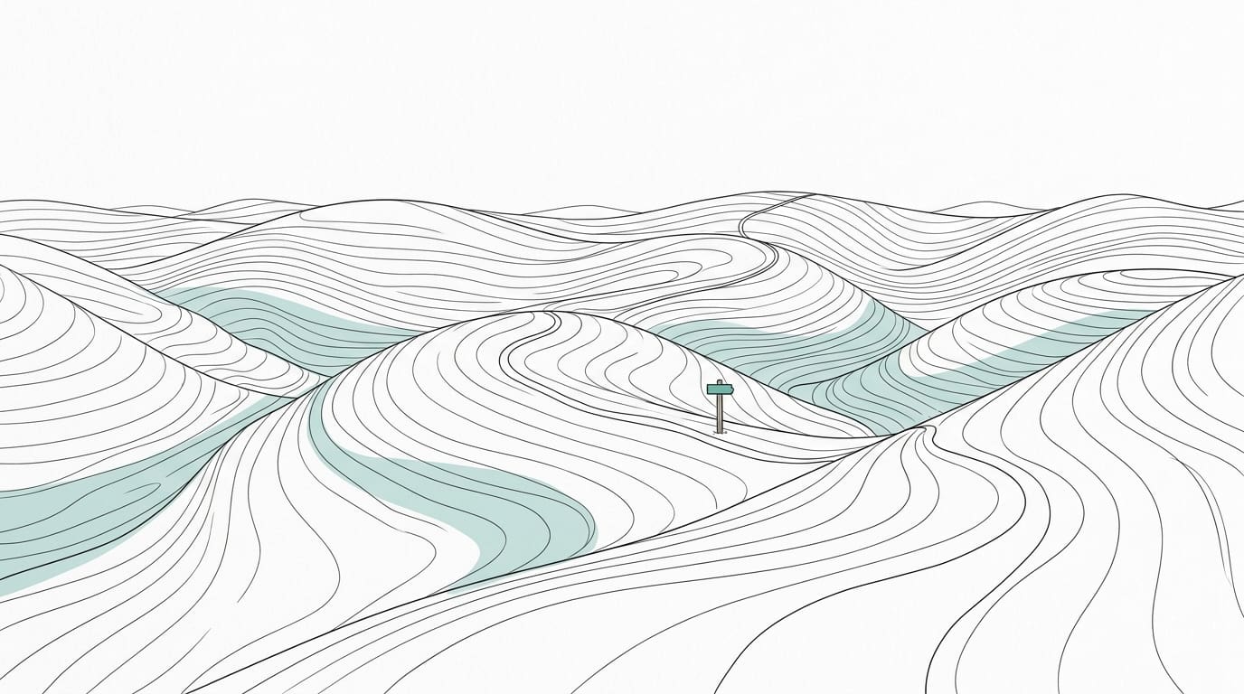 A wide view of gentle hills drawn as smooth topographic contour lines with a thin winding footpath and one small trail m