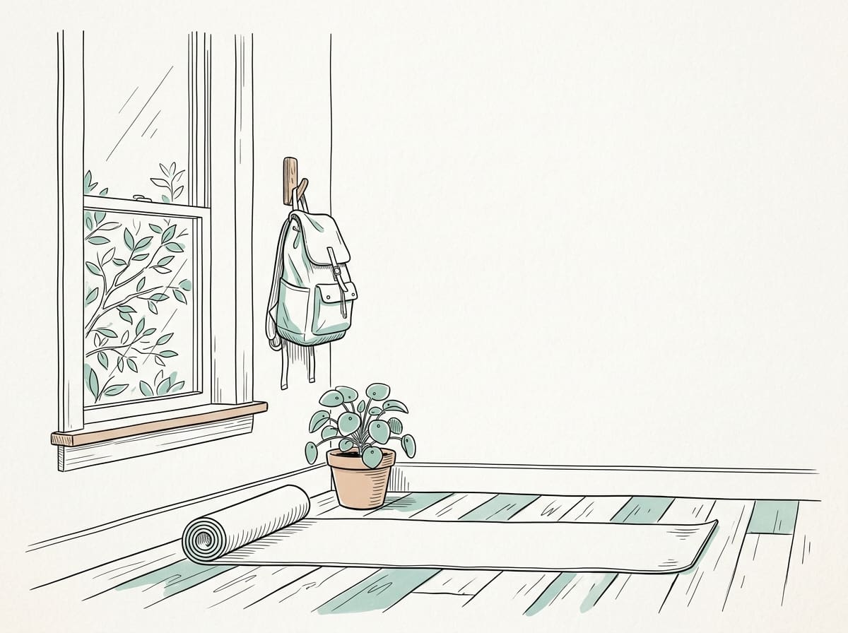 A quiet corner of a living room with a rolled-out exercise mat on wooden floorboards beside a tall window, a canvas dayp